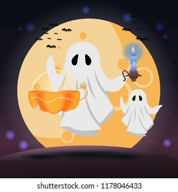 Sheet ghost holding basket under the full moon