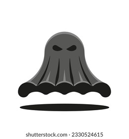 Sheet ghost logo cartoon character illustration, fictional mystical creature with scary black eyes and dark shadows for Halloween decoration isolated on white background.