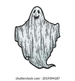 sheet ghost with smile color sketch engraving vector illustration. T-shirt apparel print design. Scratch board imitation. Black and white hand drawn image.