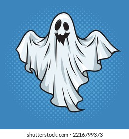 sheet ghost with smile halloween cartoon character pinup pop art retro vector illustration. Comic book style imitation.