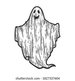 sheet ghost with smile sketch engraving vector illustration. T-shirt apparel print design. Scratch board imitation. Black and white hand drawn image.