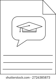 Blatt mit einer Graduierungskappe in einer Sprechblase, die auf einem Dokument mit einem ausgekleideten Text und einer gefalteten Ecke angeordnet ist