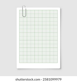 Sheet of graph paper with grid. Millimeter paper texture, geometric pattern. Green lined blank for drawing, studying, technical engineering or scale measurement. Vector illustration