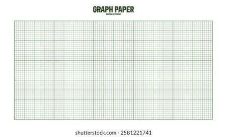 Sheet of graph paper with grid. Millimeter paper texture, geometric pattern. Green lined blank for drawing, studying, technical engineering or scale measurement. Vector illustration