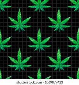 Sheet of green marijuana on a checkered black background. Vector Seamless pattern.