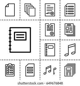 Sheet icon. set of 13 outline sheeticons such as paper, notebook, signed document, note, clipboard, notepad, music note