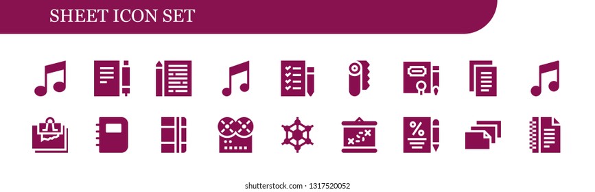 sheet icon set. 18 filled sheet icons.  Collection Of - Music, Note, Sheet, Shopping list, Paper, Contract, Notes, Notebook, Graphene, Boarding