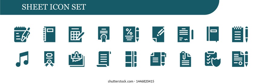 sheet icon set. 18 filled sheet icons.  Collection Of - Notes, Notebook, Bingo, Agreement, Contract, Paper, Notepad, Music, Note, Papyrus, Paperclip