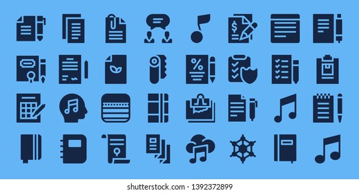 sheet icon set. 32 filled sheet icons. on blue background style Collection Of - Contract, Bingo, Notebook, Notes, Music, Paperclip, Paper, Agreement, Trifold, Musical note, Note