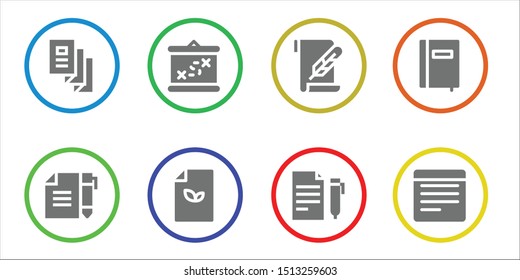 sheet icon set. 8 filled sheet icons.  Collection Of - Trifold, Contract, Boarding, Paper, Notebook, Notes icons