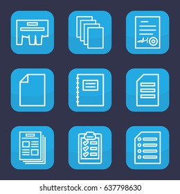 Sheet icon. set of 9 outline sheet icons such as paper, signed document, clipboard, notepad, ad