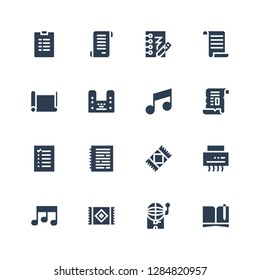 sheet icon set. Collection of 16 filled sheet icons included Notebook, Bingo, Carpet, Music, Shredder, Rug, List, Papyrus, Note, Paper roll, Notepad