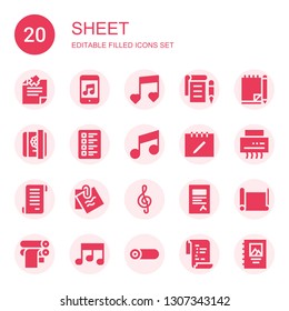 sheet icon set. Collection of 20 filled sheet icons included Note, Music, Notepad, Notebook, Diary, Test, Notes, Shredder, Papyrus, Contract, Paper roll, Roll, List, Binding