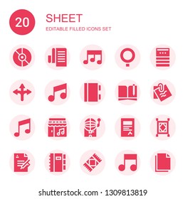 sheet icon set. Collection of 20 filled sheet icons included Music, List, Qstack, Note, Agreement, Notebook, Music note, Bingo, Contract, Carpet, Rug, Copy