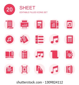 sheet icon set. Collection of 20 filled sheet icons included List, Shredder, Contract, Note, Music, Notebook, Carpet, Copy, Music note, Diary