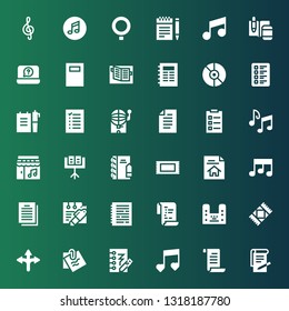 sheet icon set. Collection of 36 filled sheet icons included Notes, Note, Music, Notepad, Agreement, Rug, List, Notebook, Contract, Music stand, Music notes, Paper, Bingo, Test