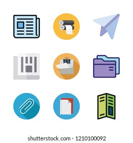 sheet icon set. vector set about folder, paper plane, pamphlet and notebook icons set.