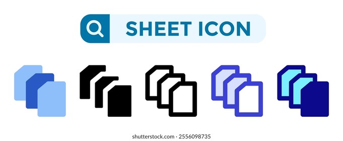 Sheet icons in 5 different vector illustration styles. Settings icons in flat, solid, line, blue and color styles. Vector illustrations can be used for web, mobile, ui