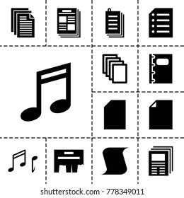 Sheet icons. set of 13 editable filled sheet icons such as paper, music note, ad, newspaper, notebook