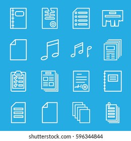 sheet icons set. Set of 16 sheet outline icons such as paper, notebook, signed document, note, clipboard, notepad, music note, ad