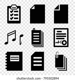 Sheet icons. set of 9 editable filled sheet icons such as paper, notepad, signed document, note