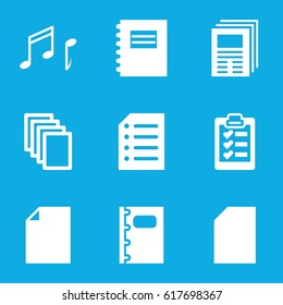Sheet icons set. set of 9 sheet filled icons such as paper, notebook, note, clipboard, newspaper