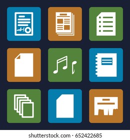 Sheet icons set. set of 9 sheet filled icons such as paper, signed document, note, ad, newspaper