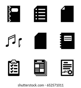 Sheet icons set. set of 9 sheet filled icons such as notebook, signed document, paper, note, clipboard, newspaper