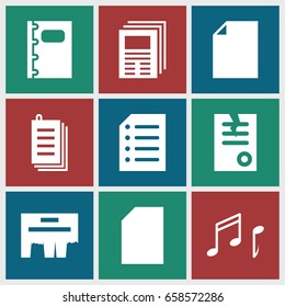 Sheet icons set. set of 9 sheet filled icons such as paper, notebook, note, ad
