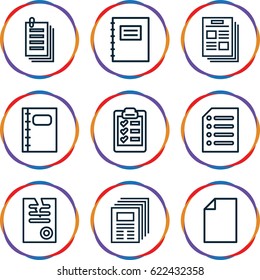Sheet icons set. set of 9 sheet outline icons such as paper, notebook, clipboard, notepad