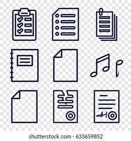 Sheet icons set. set of 9 sheet outline icons such as paper, signed document, note, clipboard