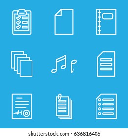 Sheet icons set. set of 9 sheet outline icons such as paper, notebook, signed document, note