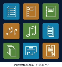 Sheet icons set. set of 9 sheet outline icons such as paper, notebook, note, notepad, music note