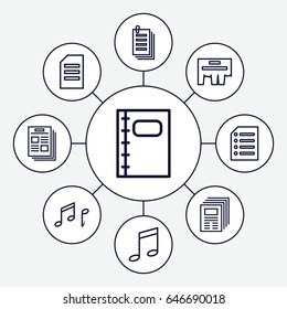 Sheet icons set. set of 9 sheet outline icons such as paper, notebook, note, music note, ad