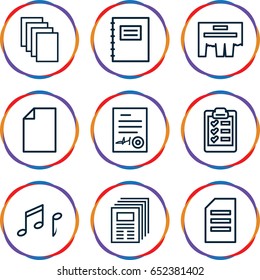 Sheet icons set. set of 9 sheet outline icons such as paper, signed document, note, clipboard, notepad, ad