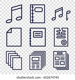 Sheet icons set. set of 9 sheet outline icons such as paper, notebook, note, notepad, music note