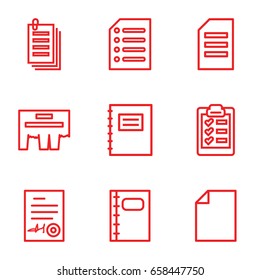 Sheet icons set. set of 9 sheet outline icons such as paper, notebook, signed document, clipboard, notepad