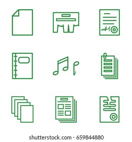 Sheet icons set. set of 9 sheet outline icons such as paper, notebook, signed document, note, ad