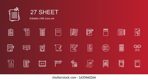 sheet icons set. Collection of sheet with board, paper, terracotta, mask, notebook, contract, list, parchment, carpet, diary, notepad, notes. Editable and scalable sheet icons.