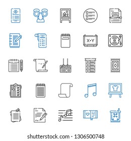 sheet icons set. Collection of sheet with carpet, diary, note, contract, notes, board, musical note, paper, notepad, list, parchment, music. Editable and scalable sheet icons.