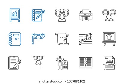 sheet icons set. Collection of sheet with contract, notebook, terracotta, mask, notepad, board, note, parchment, face mask, shredder. Editable and scalable sheet icons.