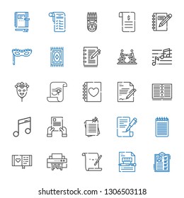 sheet icons set. Collection of sheet with list, contract, parchment, shredder, diary, notepad, notes, music, notebook, paper, mask, note, agreement. Editable and scalable sheet icons.