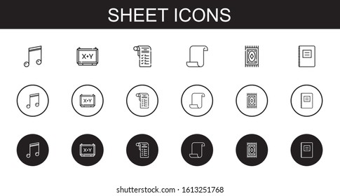 sheet icons set. Collection of sheet with musical note, board, shopping list, paper, carpet, notebook. Editable and scalable sheet icons.