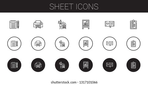 sheet icons set. Collection of sheet with note, shredder, terracotta, board, diary, test. Editable and scalable sheet icons.