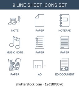 sheet icons. Trendy 9 sheet icons. Contain icons such as note, paper, notepad, music note, ad, ed document. sheet icon for web and mobile.