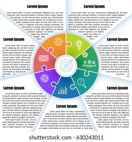 Sheet with infographic template with place for description. 7 colorful parts of the chart  with icon and  puzzle element. For presentation and design concept. Vector illustration.