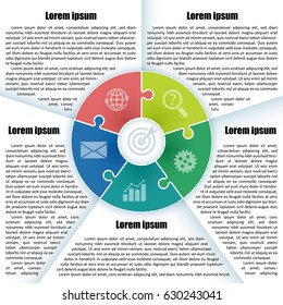 Sheet with infographic template with place for description. 5 colorful parts of the chart  with icon and  puzzle element. For presentation and design concept. Vector illustration.