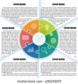 Sheet with infographic template with place for description. 6 colorful parts of the chart  with icon and  puzzle element. For presentation and design concept. Vector illustration.
