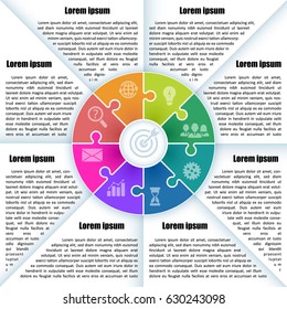 Sheet with infographic template with place for description. 8 colorful parts of the chart  with icon and  puzzle element. For presentation and design concept. Vector illustration.