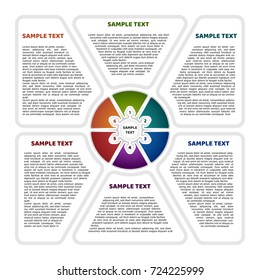 Sheet with infographic template with place for text. 6 colorful parts of the chart  with puzzle element. For presentation and design concept. Vector illustration.
